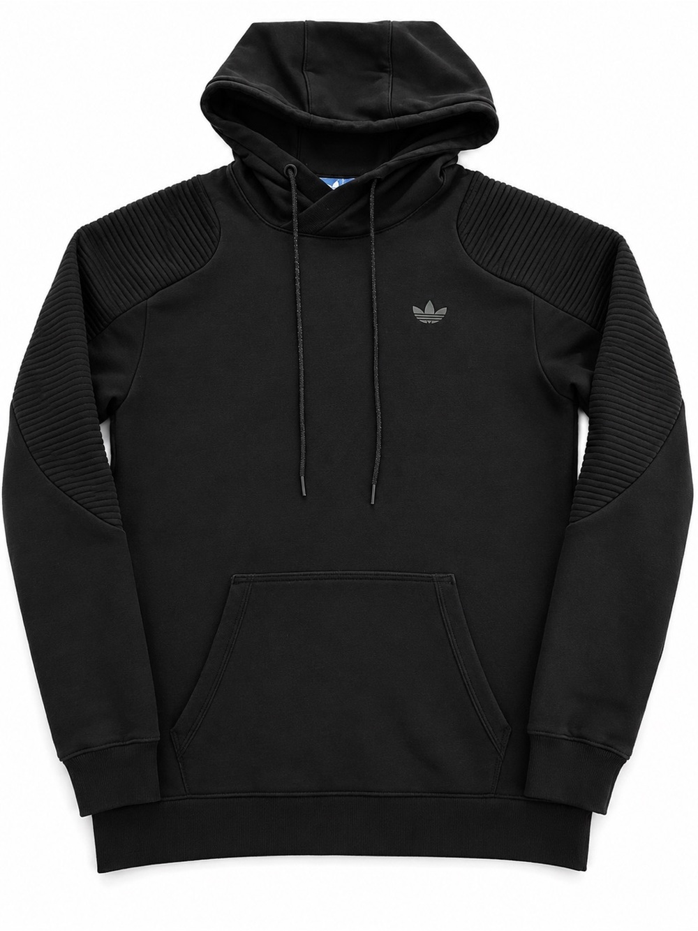 adidas Black Ribbed-Shoulder Pullover Hoodie. New condition